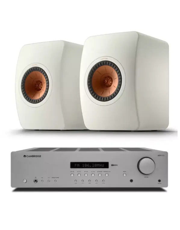 Cambridge Audio AX R100D sztereó rádióerősítő + KEF LS50 Meta polcsugárzó fehér